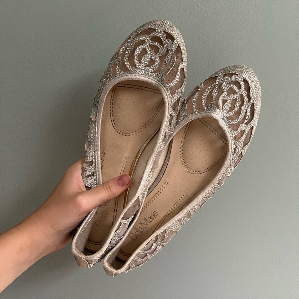 Silver rose cut out flats size 9